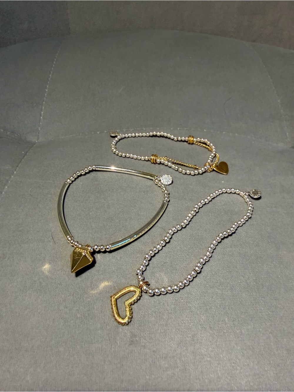 Mixed Metal Heart & Geometric Charm Bracelet Set - Gold & Silver Set of 3